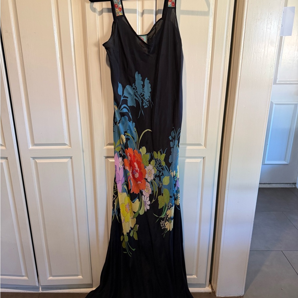 Johnny Was Black Maxi Slip Dress with Multicolor Floral Motif - selling as is -
